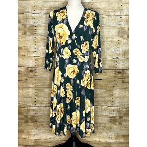 MERI SKYE LARGE ROSE FLORAL PRINT FAUX WRAP CASUAL CLASSIC COLORFUL SWING DRESS